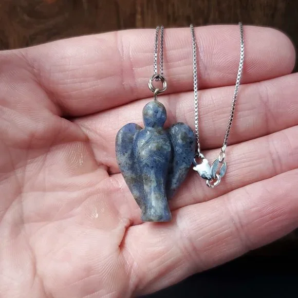 18 Inch Sterling Silver Carved Sodalite Stone Angel Pendant Necklace - Picture 2 of 7